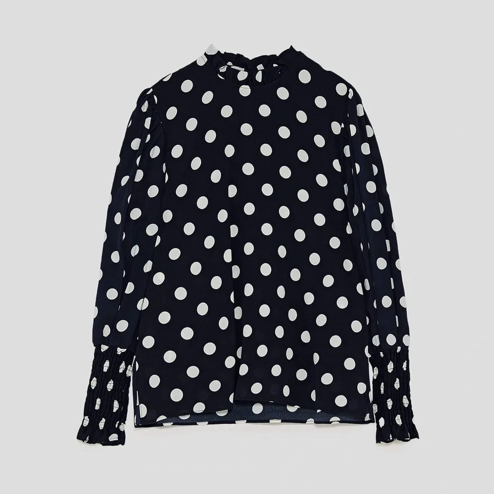 ZARA Smocked Puff Sleeve Polka Dot Mock Neck Blouse in Black